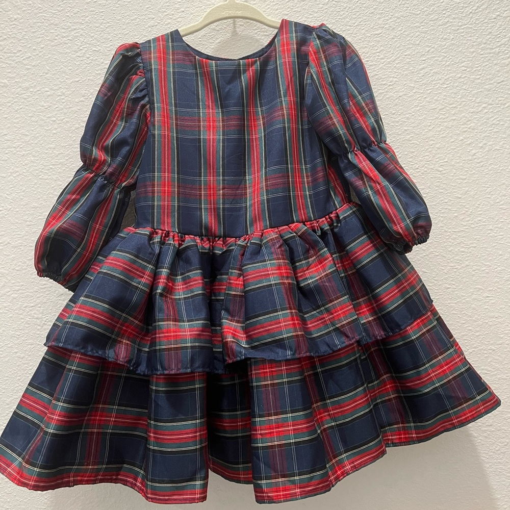 Nordstrom long sleeve tiered navy/ red plaid dress